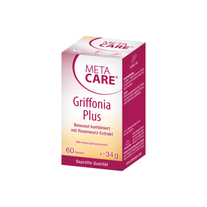 Sie sehen eine Packung META-CARE® Griffonia Plus, 60 Kapseln, 60 Stück, Produktbild: 01 META-CARE® Griffonia Plus, 60 Kapseln, 60 Stück, A-Nr.: 3408635 - 01