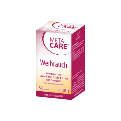 Sie sehen eine Packung META-CARE® Weihrauch, 60 Kapseln, 60 Stück, Produktbild: 01 META-CARE® Weihrauch, 60 Kapseln, 60 Stück, A-Nr.: 3408658 - 01