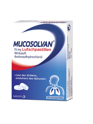 Sie sehen eine Packung Mucosolvan® 15 mg - Lutschpastillen, 20 Stück, Produktbild: 01 Mucosolvan® 15 mg - Lutschpastillen, 20 Stück, A-Nr.: 3517991 - 01