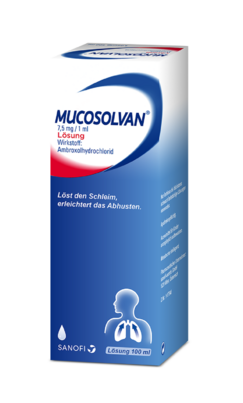 Sie sehen eine Packung Mucosolvan® 7,5 mg / 1 ml - Lösung, 100 Milliliter, Produktbild: 01 Mucosolvan® 7,5 mg / 1 ml - Lösung, 100 Milliliter, A-Nr.: 0727653 - 01