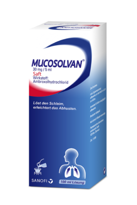 Sie sehen eine Packung Mucosolvan® 30 mg / 5 ml - Saft, 100 Milliliter, Produktbild: 01 Mucosolvan® 30 mg / 5 ml - Saft, 100 Milliliter, A-Nr.: 3517985 - 01