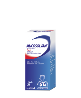 Sie sehen eine Packung Mucosolvan® 30 mg/5 ml - Saft, 200 Milliliter, Produktbild: 01 Mucosolvan® 30 mg/5 ml - Saft, 200 Milliliter, A-Nr.: 3531608 - 01