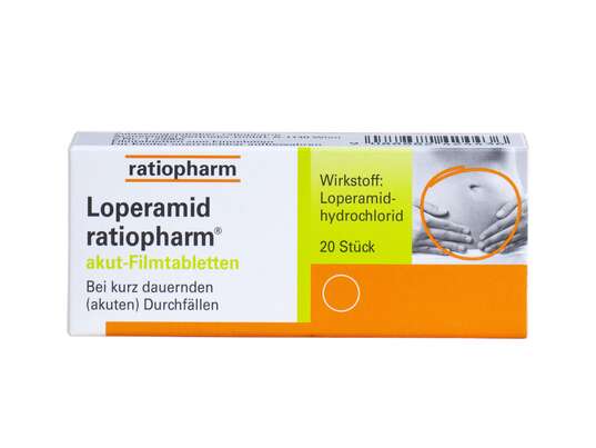 Sie sehen eine Packung Loperamid ratiopharm® akut Filmtabletten, 20 Stück, Produktbild: 01 Loperamid ratiopharm® akut Filmtabletten, 20 Stück, A-Nr.: 2424431 - 01