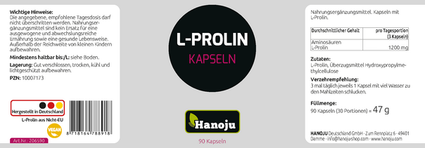 Sie sehen eine Packung Hanoju L-Prolin Kapseln 400mg, 90 Stück, Produktbild: 02 Hanoju L-Prolin Kapseln 400mg, 90 Stück, A-Nr.: 4255530 - 02