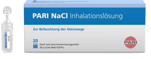 Sie sehen eine Packung PARI NaCl 0,9% Inhalationslösung, 50 Milliliter, Produktbild: 01 PARI NaCl 0,9% Inhalationslösung, 50 Milliliter, A-Nr.: 2726899 - 01