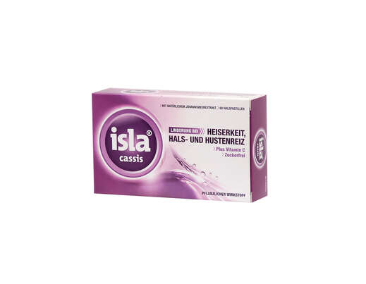 Sie sehen eine Packung Isla Cassis Halspastillen 60 Stück, 60 Stück, Produktbild: 01 Isla Cassis Halspastillen 60 Stück, 60 Stück, A-Nr.: 3061338 - 01