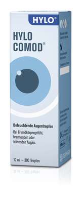 Sie sehen eine Packung Hylo-Comod Augentropfen 10ml, 10 Milliliter, Produktbild: 01 Hylo-Comod Augentropfen 10ml, 10 Milliliter, A-Nr.: 4113712 - 01