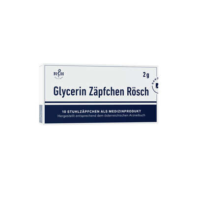 Sie sehen eine Packung GLYCERINZÄPFCHEN RÖSCH 2g 10 Stk., 10 Stück, Produktbild: 01 GLYCERINZÄPFCHEN RÖSCH 2g 10 Stk., 10 Stück, A-Nr.: 1304593 - 01