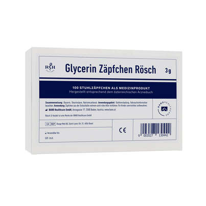 Sie sehen eine Packung GLYCERINZÄPFCHEN RÖSCH 3g 100 Stk., 100 Stück, Produktbild: 01 GLYCERINZÄPFCHEN RÖSCH 3g 100 Stk., 100 Stück, A-Nr.: 1304624 - 01