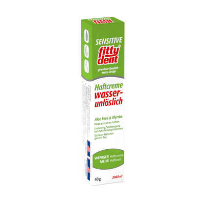 Sie sehen eine Packung fittydent sensitive Haftcreme 40g, 40 Gramm, Produktbild: 02 fittydent sensitive Haftcreme 40g, 40 Gramm, A-Nr.: 3435796 - 02
