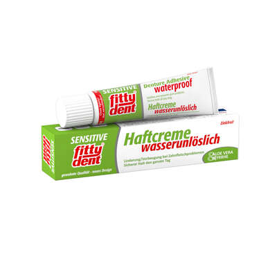 Sie sehen eine Packung fittydent sensitive Haftcreme 40g, 40 Gramm, Produktbild: 03 fittydent sensitive Haftcreme 40g, 40 Gramm, A-Nr.: 3435796 - 03