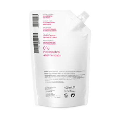 Sie sehen eine Packung Eubos flüssig rot 400 ml Nachfüllbeutel, Produktbild: 01 Eubos flüssig rot 400 ml Nachfüllbeutel, A-Nr.: 1672428 - 01