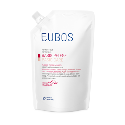 Sie sehen eine Packung Eubos flüssig rot 400 ml Nachfüllbeutel, Produktbild: 02 Eubos flüssig rot 400 ml Nachfüllbeutel, A-Nr.: 1672428 - 02