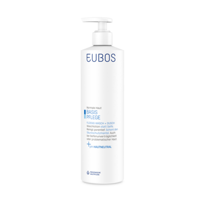 Sie sehen eine Packung Eubos Wasch und Dusch flüssig blau 400ml mit Spender, Produktbild: 01 Eubos Wasch und Dusch flüssig blau 400ml mit Spender, A-Nr.: 1672374 - 01
