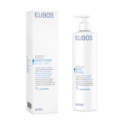 Sie sehen eine Packung Eubos Wasch und Dusch flüssig blau 400ml mit Spender, Produktbild: 05 Eubos Wasch und Dusch flüssig blau 400ml mit Spender, A-Nr.: 1672374 - 05