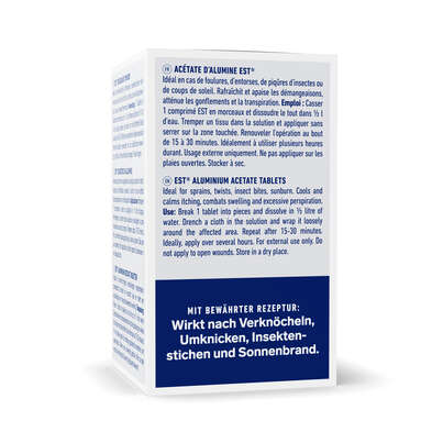Sie sehen eine Packung Est Essigsaure Tonerde Tabletten, 5 Stück, Produktbild: 02 Est Essigsaure Tonerde Tabletten, 5 Stück, A-Nr.: 4336458 - 02