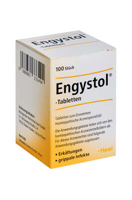 Sie sehen eine Packung Engystol®-Tabletten, 100 Stück, Produktbild: 01 Engystol®-Tabletten, 100 Stück, A-Nr.: 1333494 - 01