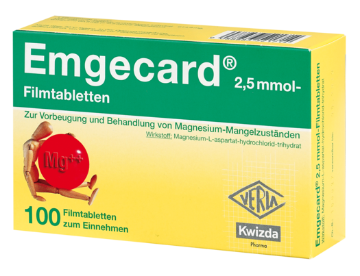 Sie sehen eine Packung Emgecard 2,5 mmol-Filmtabletten, 100 Stück, Produktbild: 01 Emgecard 2,5 mmol-Filmtabletten, 100 Stück, A-Nr.: 3521716 - 01