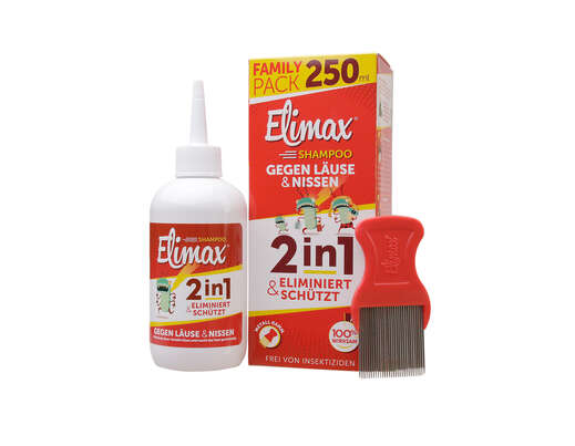 Sie sehen eine Packung Elimax® Shampoo 250 ml, 250 Milliliter, Produktbild: 01 Elimax® Shampoo 250 ml, 250 Milliliter, A-Nr.: 4582281 - 01