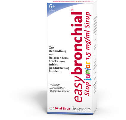 Sie sehen eine Packung easybronchial stop junior 1,5 mg/ml Sirup, 180 Milliliter, Produktbild: 01 easybronchial stop junior 1,5 mg/ml Sirup, 180 Milliliter, A-Nr.: 4450728 - 01