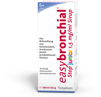 Sie sehen eine Packung easybronchial stop junior 1,5 mg/ml Sirup, 180 Milliliter, Produktbild: 02 easybronchial stop junior 1,5 mg/ml Sirup, 180 Milliliter, A-Nr.: 4450728 - 02