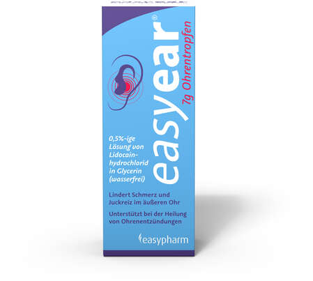 Sie sehen eine Packung easyear Ohrentropfen 7g, 7 Gramm, Produktbild: 01 easyear Ohrentropfen 7g, 7 Gramm, A-Nr.: 5183703 - 01