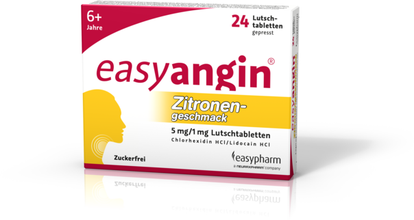 Sie sehen eine Packung easyangin mit Zitronengeschmack 5mg/1mg Lutschtabletten, 24 Stück, Produktbild: 01 easyangin mit Zitronengeschmack 5mg/1mg Lutschtabletten, 24 Stück, A-Nr.: 4222565 - 01