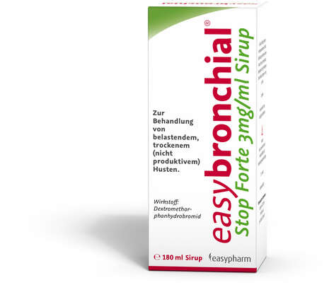 Sie sehen eine Packung easybronchial stop forte 3 mg/ml Sirup, 180 Milliliter, Produktbild: 01 easybronchial stop forte 3 mg/ml Sirup, 180 Milliliter, A-Nr.: 4450734 - 01