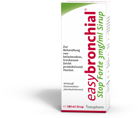 Sie sehen eine Packung easybronchial stop forte 3 mg/ml Sirup, 180 Milliliter, Produktbild: 02 easybronchial stop forte 3 mg/ml Sirup, 180 Milliliter, A-Nr.: 4450734 - 02