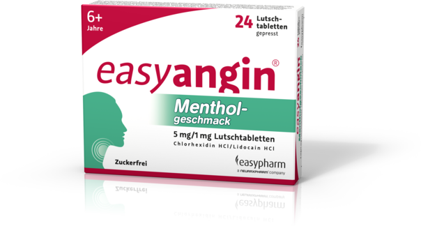 Sie sehen eine Packung easyangin mit Mentholgeschmack 5mg/1mg Lutschtabletten, 24 Stück, Produktbild: 01 easyangin mit Mentholgeschmack 5mg/1mg Lutschtabletten, 24 Stück, A-Nr.: 3913706 - 01