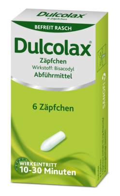 Sie sehen eine Packung Dulcolax® Zäpfchen, 6 Stück, Produktbild: 01 Dulcolax® Zäpfchen, 6 Stück, A-Nr.: 0018017 - 01