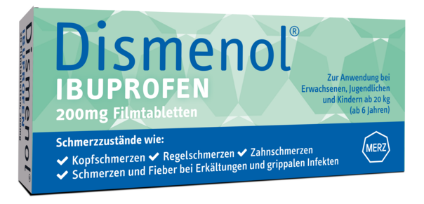 Sie sehen eine Packung Dismenol Ibuprofen 200mg, 20 Stück, Produktbild: 01 Dismenol Ibuprofen 200mg, 20 Stück, A-Nr.: 3756804 - 01