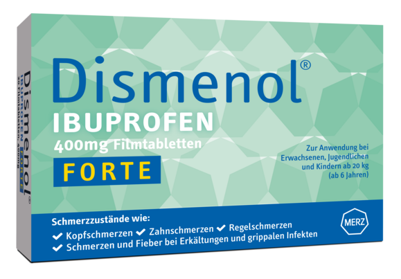 Sie sehen eine Packung Dismenol Ibuprofen FORTE 400mg, 20 Stück, Produktbild: 01 Dismenol Ibuprofen FORTE 400mg, 20 Stück, A-Nr.: 3924242 - 01