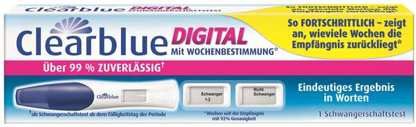 Sie sehen eine Packung Clearblue DIGITAL Schwangerschaftstest, 2 Stück, Produktbild: 01 Clearblue DIGITAL Schwangerschaftstest, 2 Stück, A-Nr.: 3256148 - 01