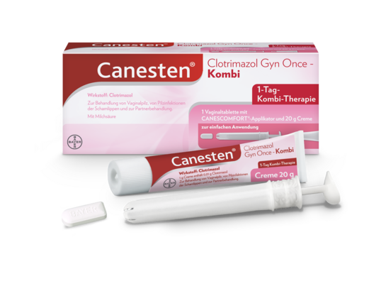Sie sehen eine Packung Canesten® Clotrimazol Gyn Once Kombi, 1 Stück, Produktbild: 01 Canesten® Clotrimazol Gyn Once Kombi, 1 Stück, A-Nr.: 3904452 - 01