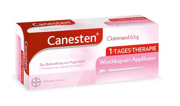 Sie sehen eine Packung Canesten® Clotrimazol 0,5g Weichkapsel, 1 Stück, Produktbild: 01 Canesten® Clotrimazol 0,5g Weichkapsel, 1 Stück, A-Nr.: 4463346 - 01