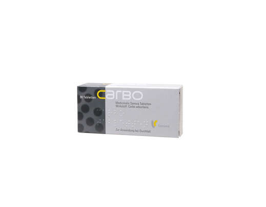 Sie sehen eine Packung CARBO Medicinalis Sanova Tabletten, 30 Stück, Produktbild: 01 CARBO Medicinalis Sanova Tabletten, 30 Stück, A-Nr.: 2461107 - 01