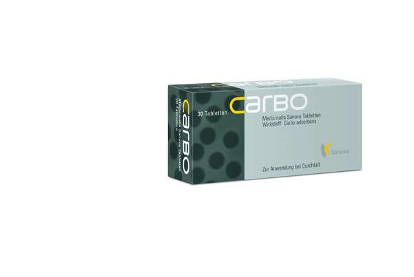 Sie sehen eine Packung CARBO Medicinalis Sanova Tabletten, 30 Stück, Produktbild: 03 CARBO Medicinalis Sanova Tabletten, 30 Stück, A-Nr.: 2461107 - 03