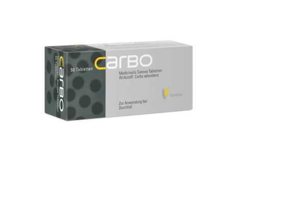 Sie sehen eine Packung Carbo Medicinalis "Sanova" Tabletten, 50 Stück, Produktbild: 03 Carbo Medicinalis "Sanova" Tabletten, 50 Stück, A-Nr.: 0798860 - 03