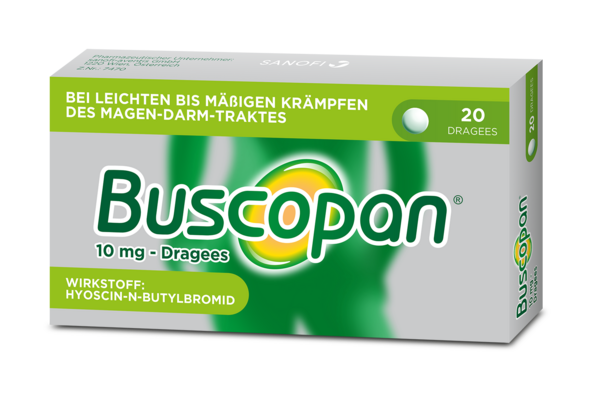 Sie sehen eine Packung Buscopan® 10 mg – Dragees, 20 Stück, Produktbild: 01 Buscopan® 10 mg – Dragees, 20 Stück, A-Nr.: 3521828 - 01