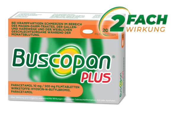 Sie sehen eine Packung Buscopan® plus Paracetamol 10 mg/ 500 mg Filmtabletten, 20 Stück, Produktbild: 01 Buscopan® plus Paracetamol 10 mg/ 500 mg Filmtabletten, 20 Stück, A-Nr.: 3904096 - 01