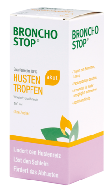 Sie sehen eine Packung Bronchostop Guaifenesin 10% akut Tropfen, 100 Milliliter, Produktbild: 01 Bronchostop Guaifenesin 10% akut Tropfen, 100 Milliliter, A-Nr.: 3916969 - 01