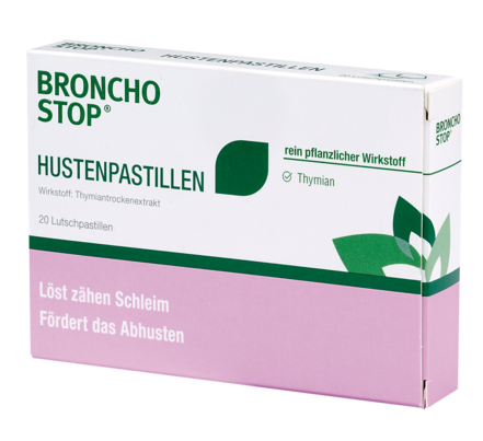 Sie sehen eine Packung Bronchostop Hustenpastillen, 20 Stück, Produktbild: 01 Bronchostop Hustenpastillen, 20 Stück, A-Nr.: 2478993 - 01