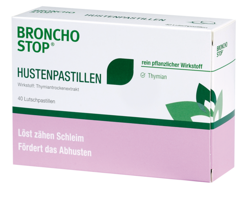 Sie sehen eine Packung Bronchostop Hustenpastillen, 40 Stück, Produktbild: 01 Bronchostop Hustenpastillen, 40 Stück, A-Nr.: 3545964 - 01