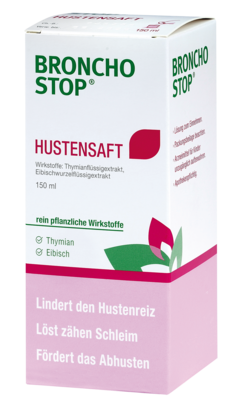 Sie sehen eine Packung BRONCHOSTOP HUSTENSAFT, 150 Milliliter, Produktbild: 01 BRONCHOSTOP HUSTENSAFT, 150 Milliliter, A-Nr.: 1266183 - 01