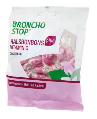 Sie sehen eine Packung Bronchostop Plus Halsbonbons, 60 Gramm, Produktbild: 01 Bronchostop Plus Halsbonbons, 60 Gramm, A-Nr.: 2613646 - 01