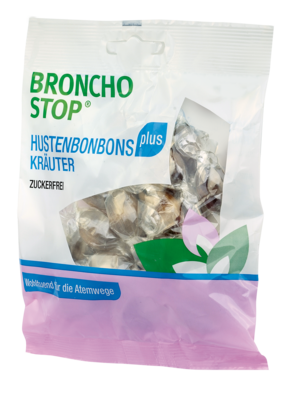 Sie sehen eine Packung Bronchostop plus Hustenbonbons, 60 Gramm, Produktbild: 01 Bronchostop plus Hustenbonbons, 60 Gramm, A-Nr.: 2613623 - 01