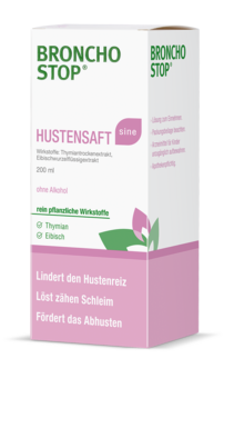 Sie sehen eine Packung Bronchostop sine Hustensaft, 200 Milliliter, Produktbild: 01 Bronchostop sine Hustensaft, 200 Milliliter, A-Nr.: 3545958 - 01