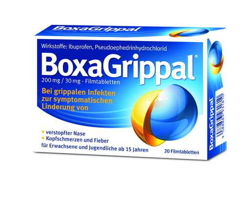 Sie sehen eine Packung BoxaGrippal® 200 mg/30 mg - Filmtabletten, 20 Stück, Produktbild: 01 BoxaGrippal® 200 mg/30 mg - Filmtabletten, 20 Stück, A-Nr.: 3931816 - 01