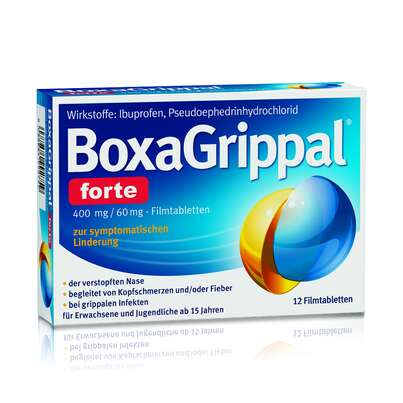 Sie sehen eine Packung BoxaGrippal® forte 400 mg/60 mg - Filmtabletten, 12 Stück, Produktbild: 01 BoxaGrippal® forte 400 mg/60 mg - Filmtabletten, 12 Stück, A-Nr.: 4992754 - 01